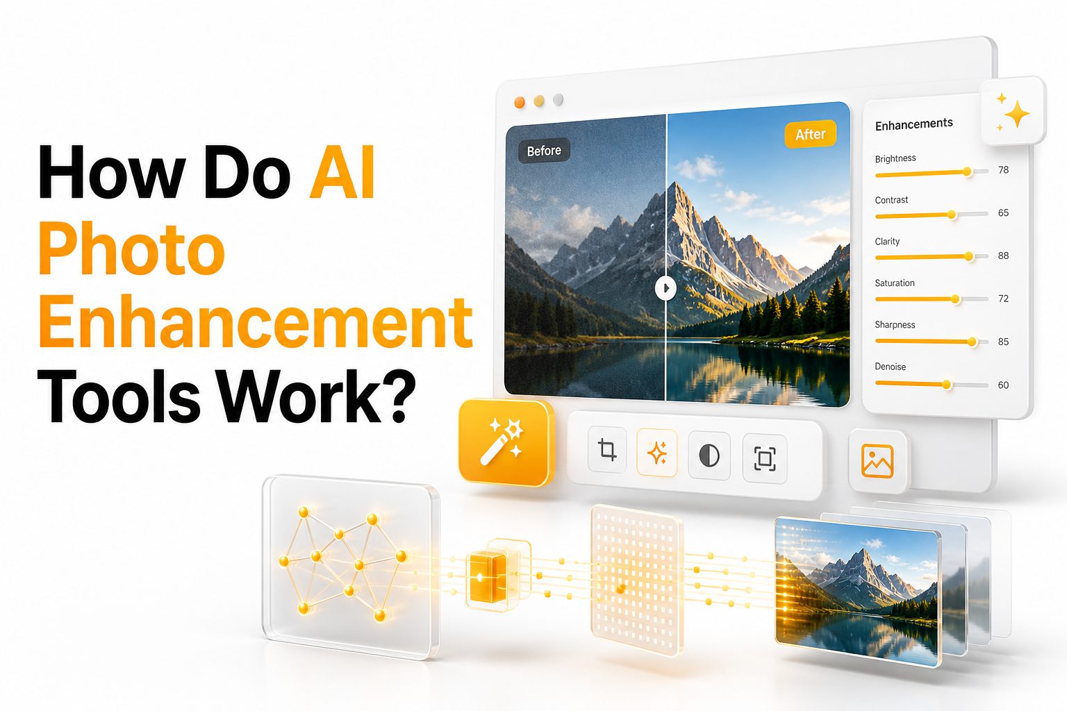 AI photo enhancement software improving a portrait image on a computer screen